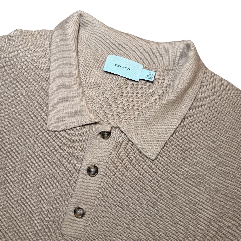 Coach Mens XL Tan Beige Knit Polo Shirt Cotton Cashmere CO835 Logo Hem